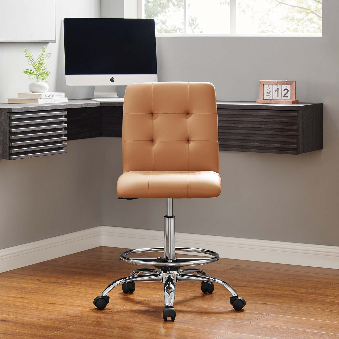 Quartz Armless Eco-Leather Drafting Chair, Silver & Tan