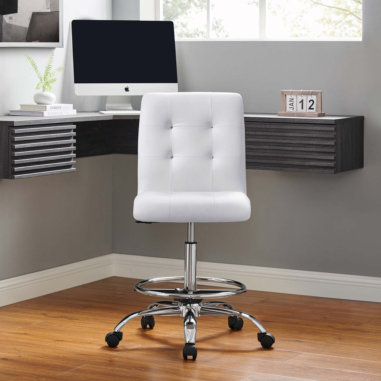 Quartz Armless Eco-Leather Drafting Chair, Silver & White