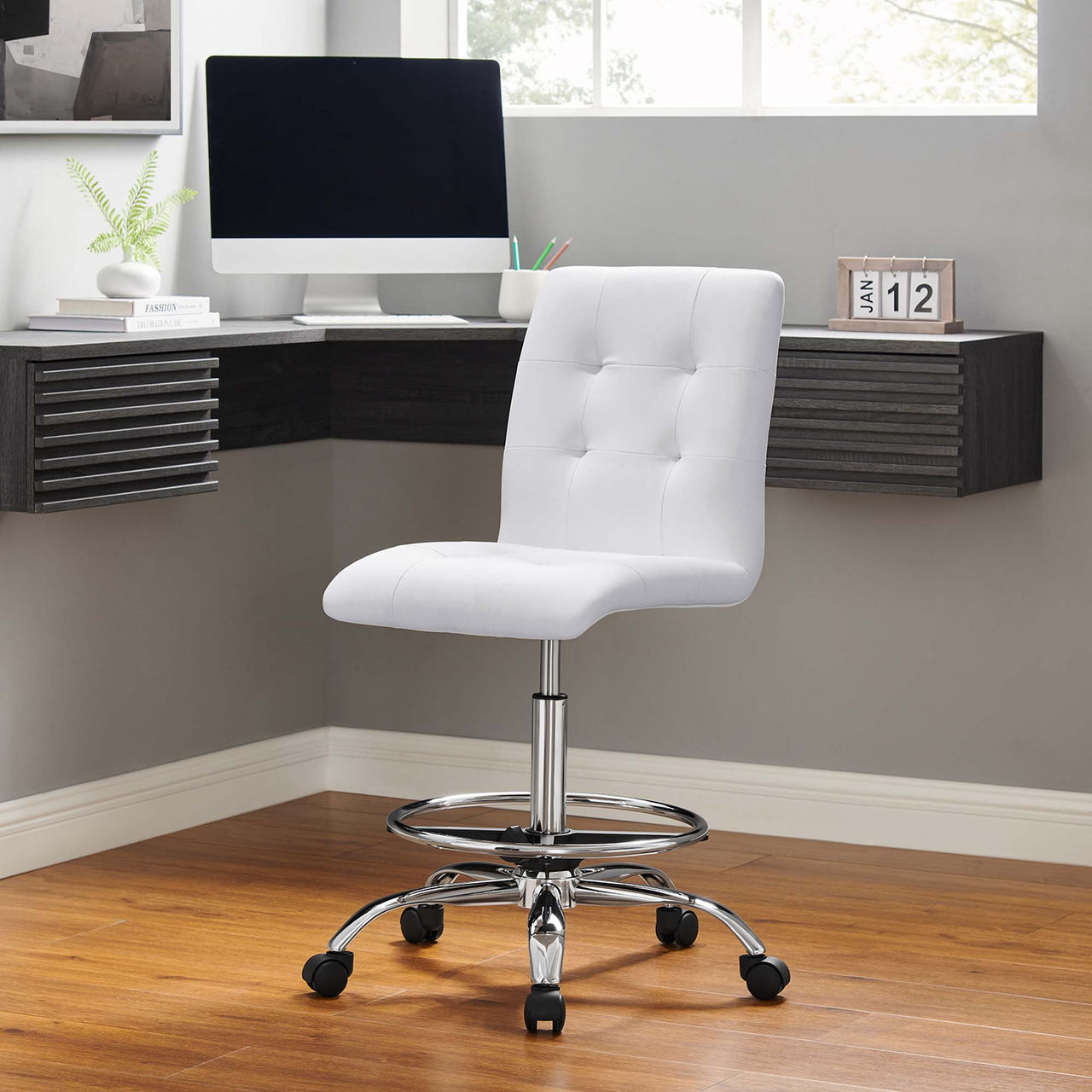 Quartz Armless Eco-Leather Drafting Chair, Silver & White