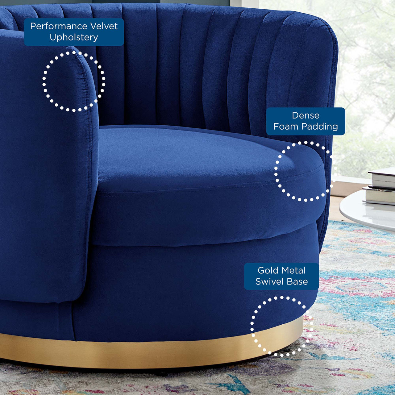 Persephone Velvet Swivel Accent Chair, Gold & Navy