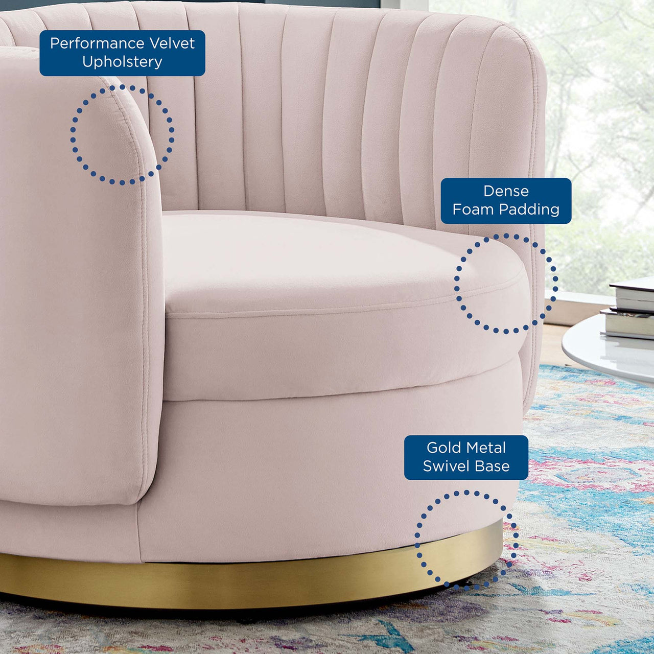 Persephone Velvet Swivel Accent Chair, Gold & Pink