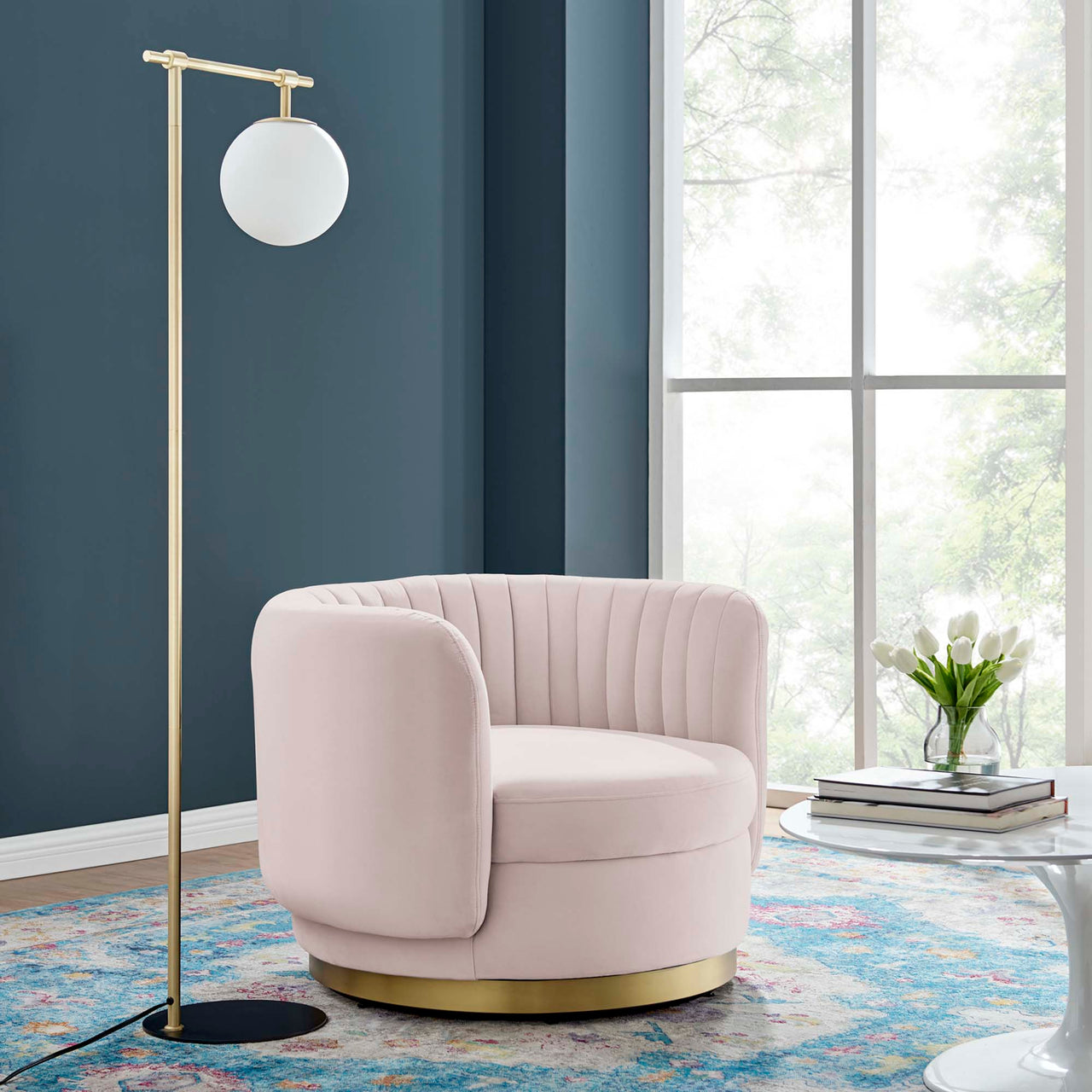 Persephone Velvet Swivel Accent Chair, Gold & Pink