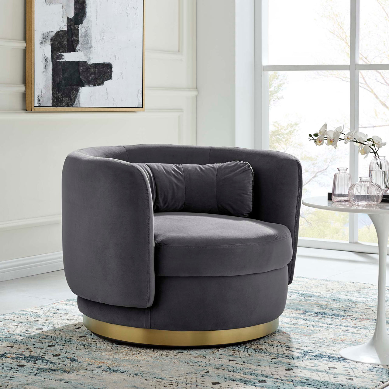 Rava Upholstered Velvet Swivel Chair, Gold & Gray