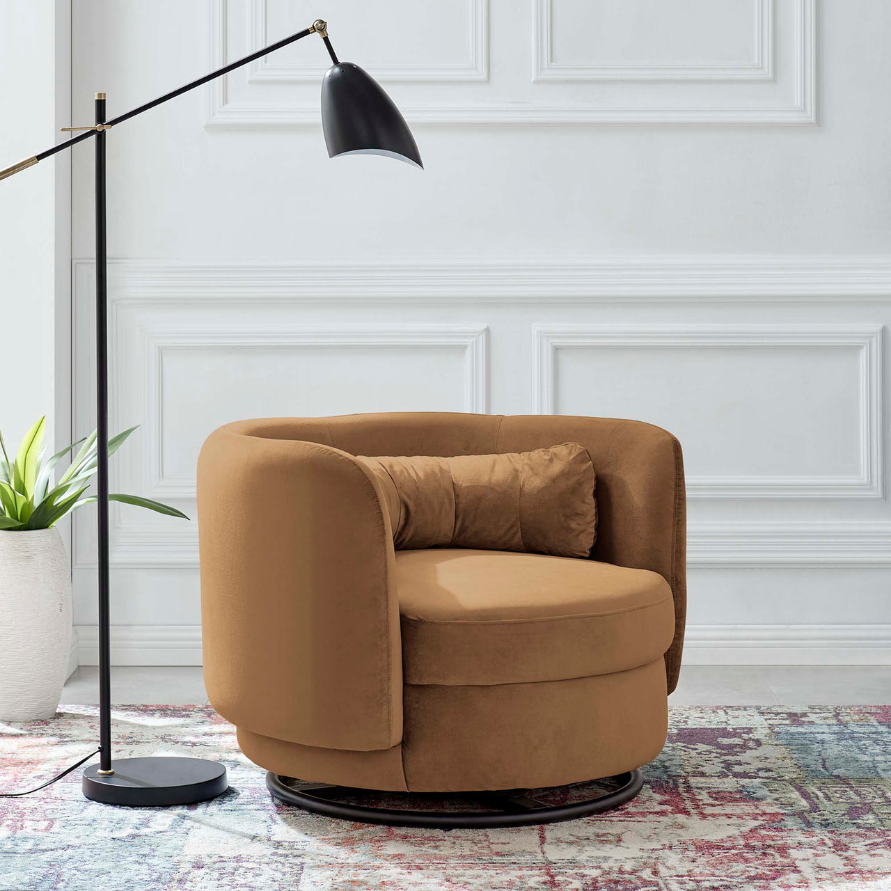 Rava Upholstered Velvet Swivel Chair, Black & Cognac
