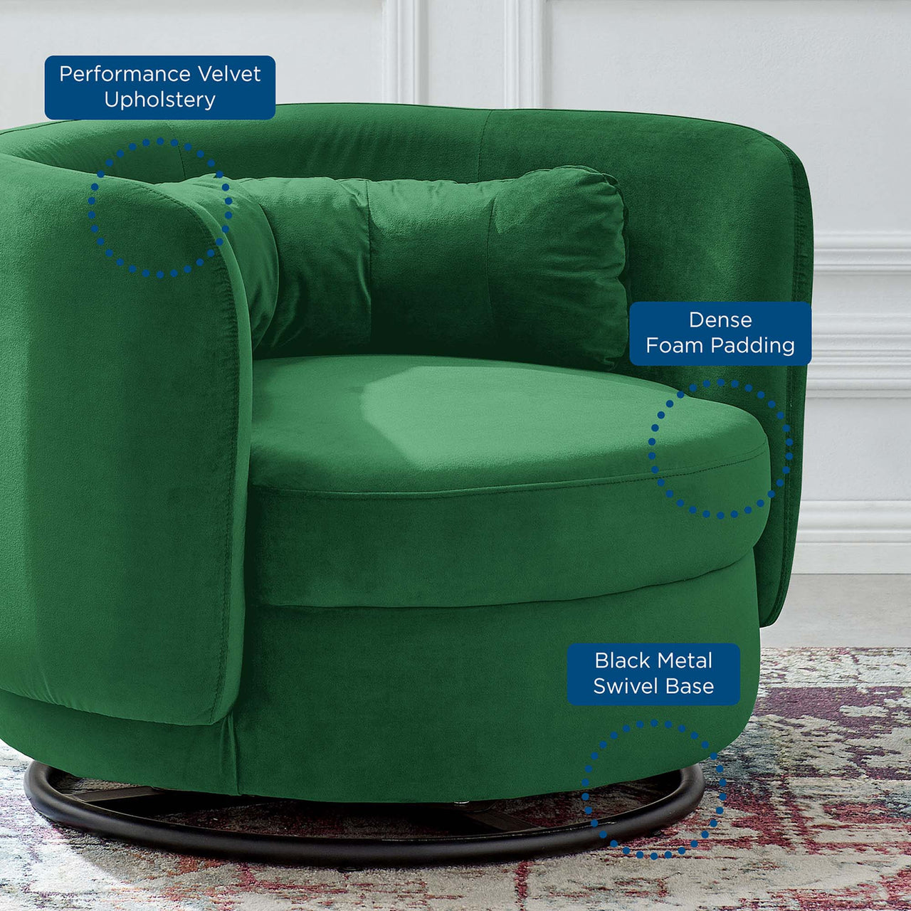 Rava Upholstered Velvet Swivel Chair, Black & Emerald