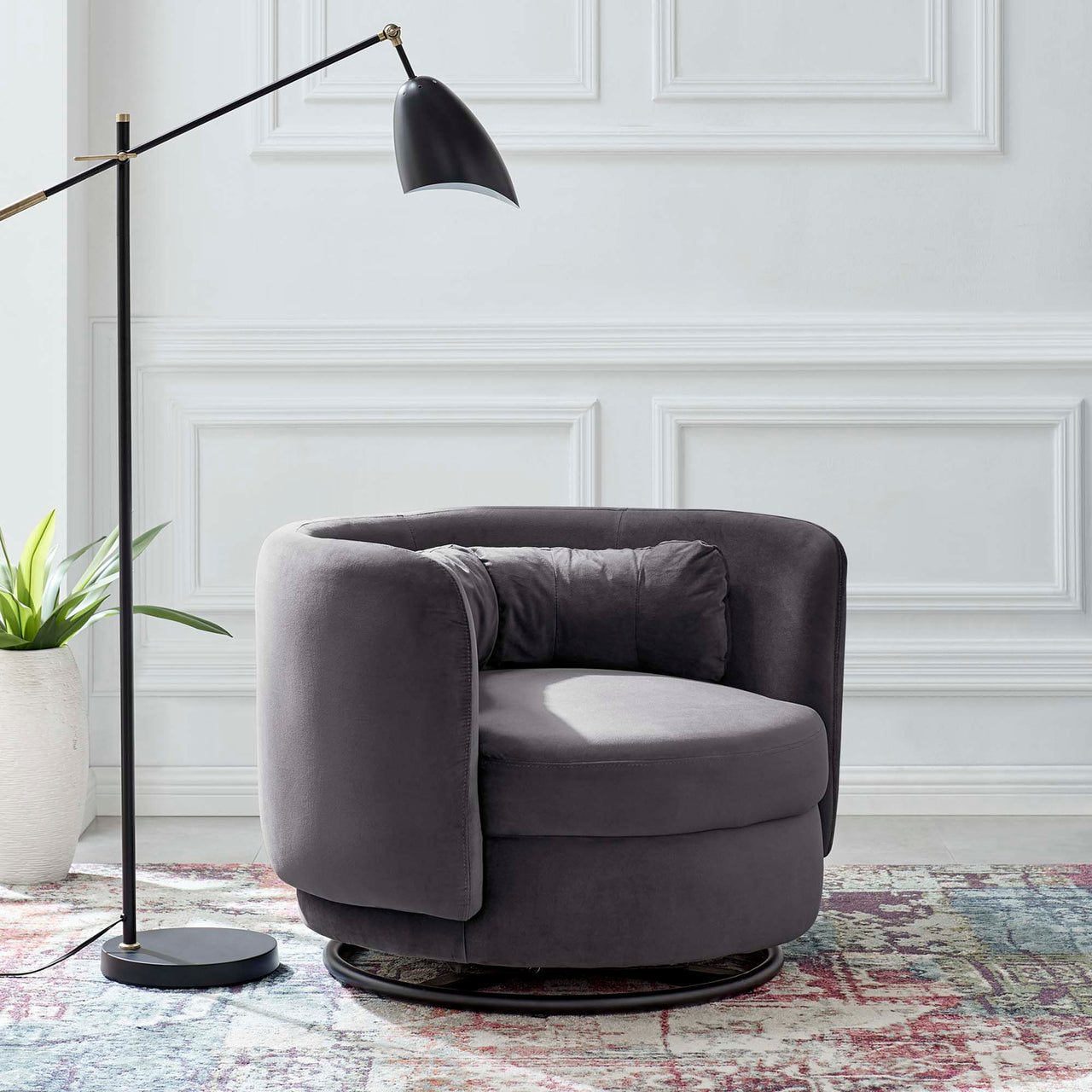 Rava Upholstered Velvet Swivel Chair, Black & Gray