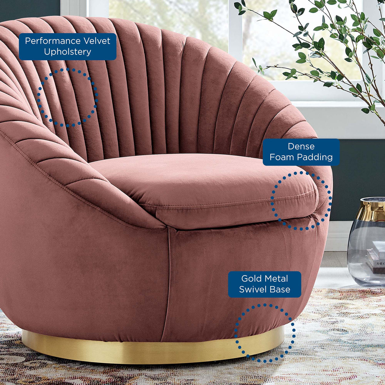 Arielle Velvet Swivel Chair, Gold & Dusty Rose
