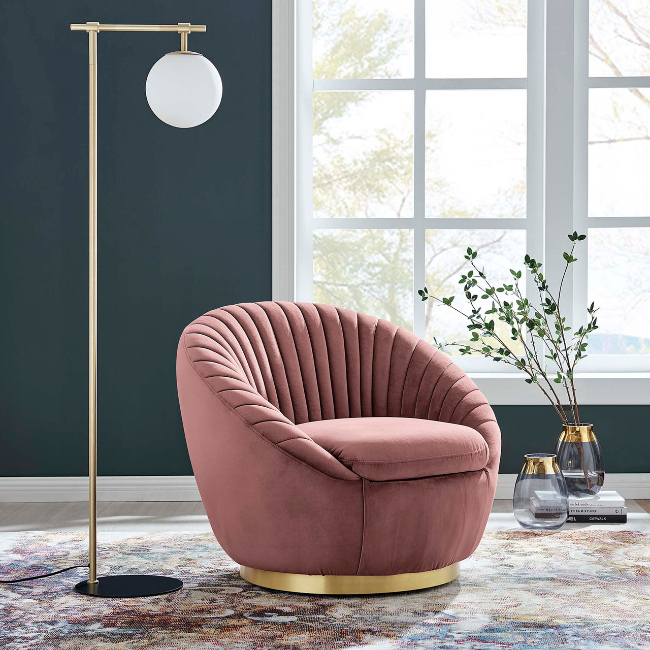 Arielle Velvet Swivel Chair, Gold & Dusty Rose