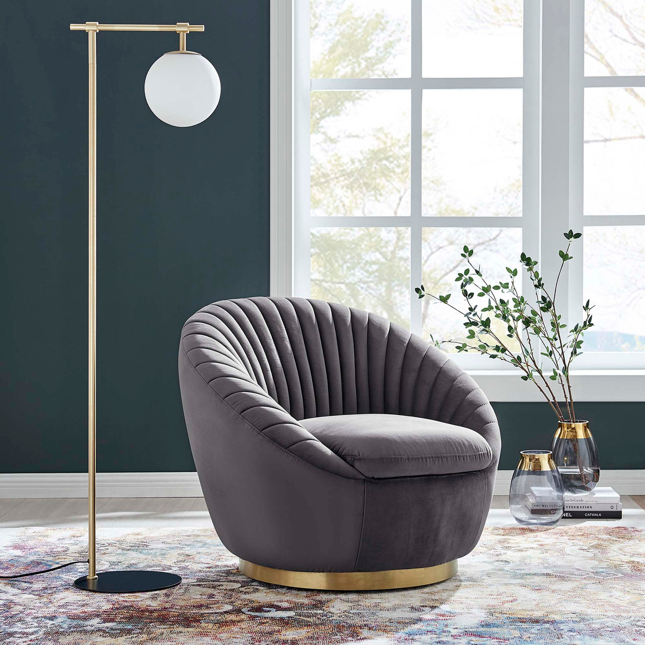 Arielle Velvet Swivel Chair, Gold & Gray