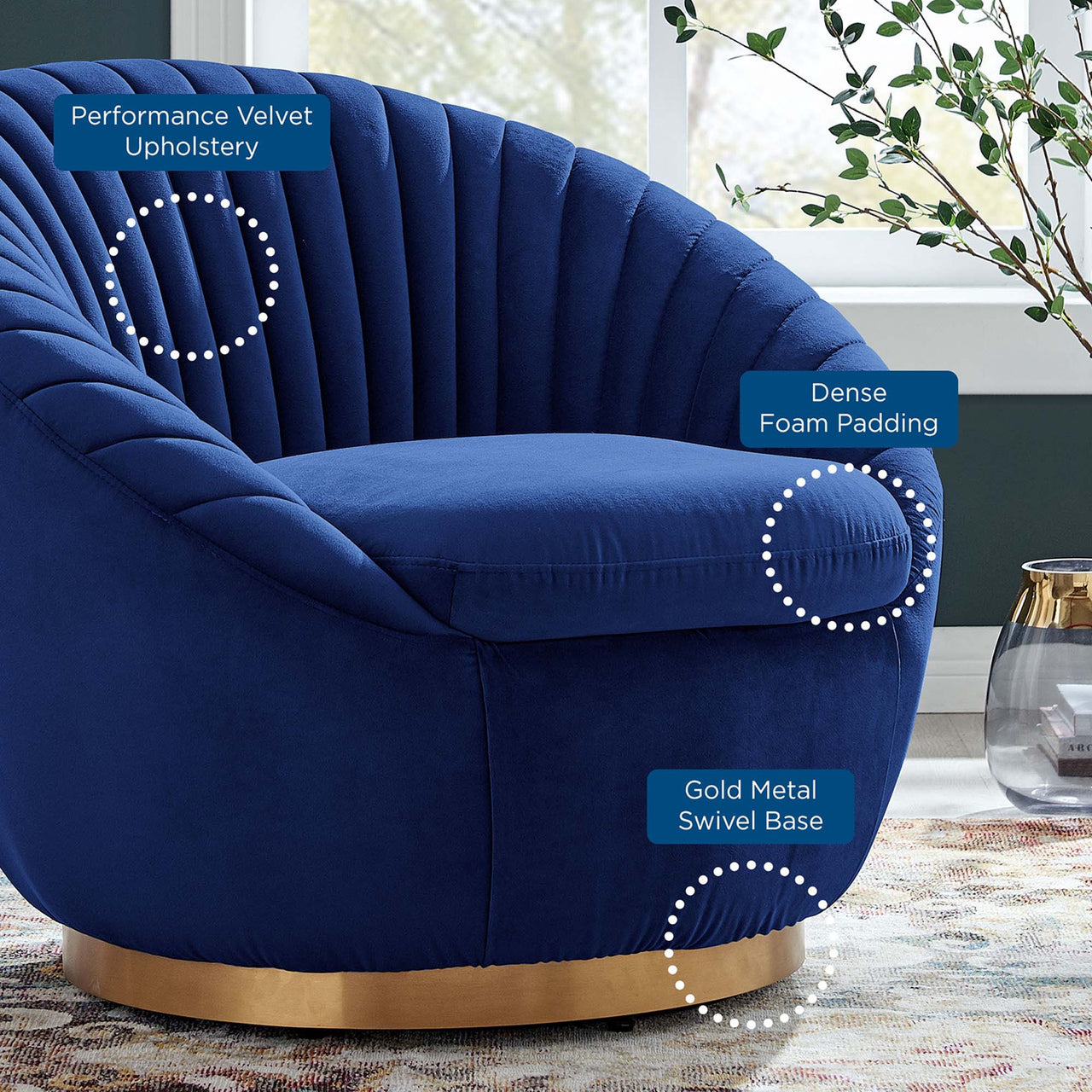 Arielle Velvet Swivel Chair, Gold & Navy