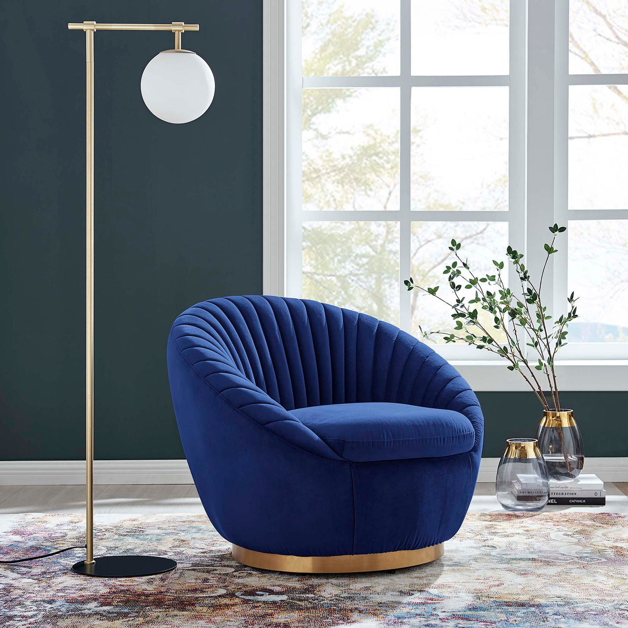 Arielle Velvet Swivel Chair, Gold & Navy