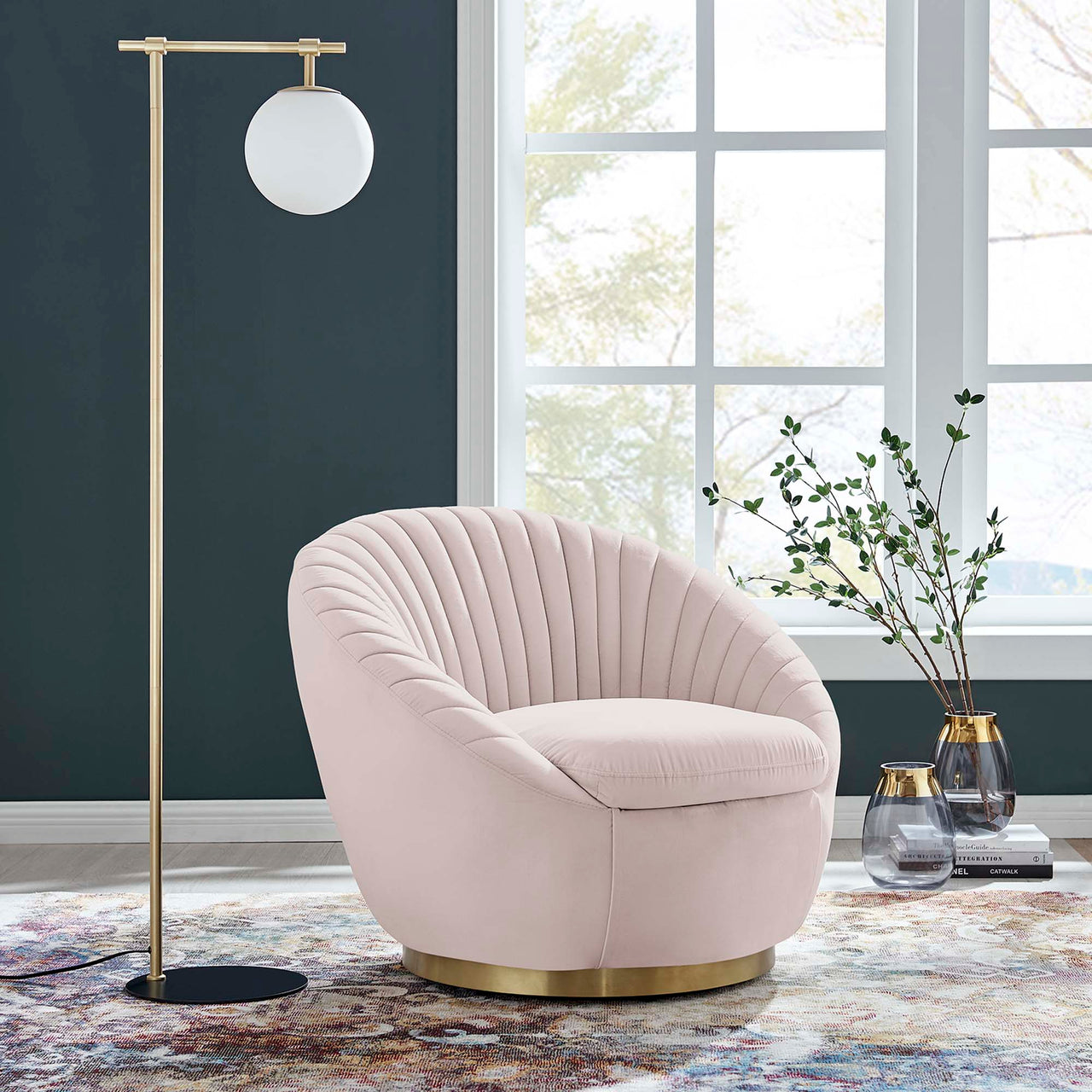 Arielle Velvet Swivel Chair, Gold & Pink