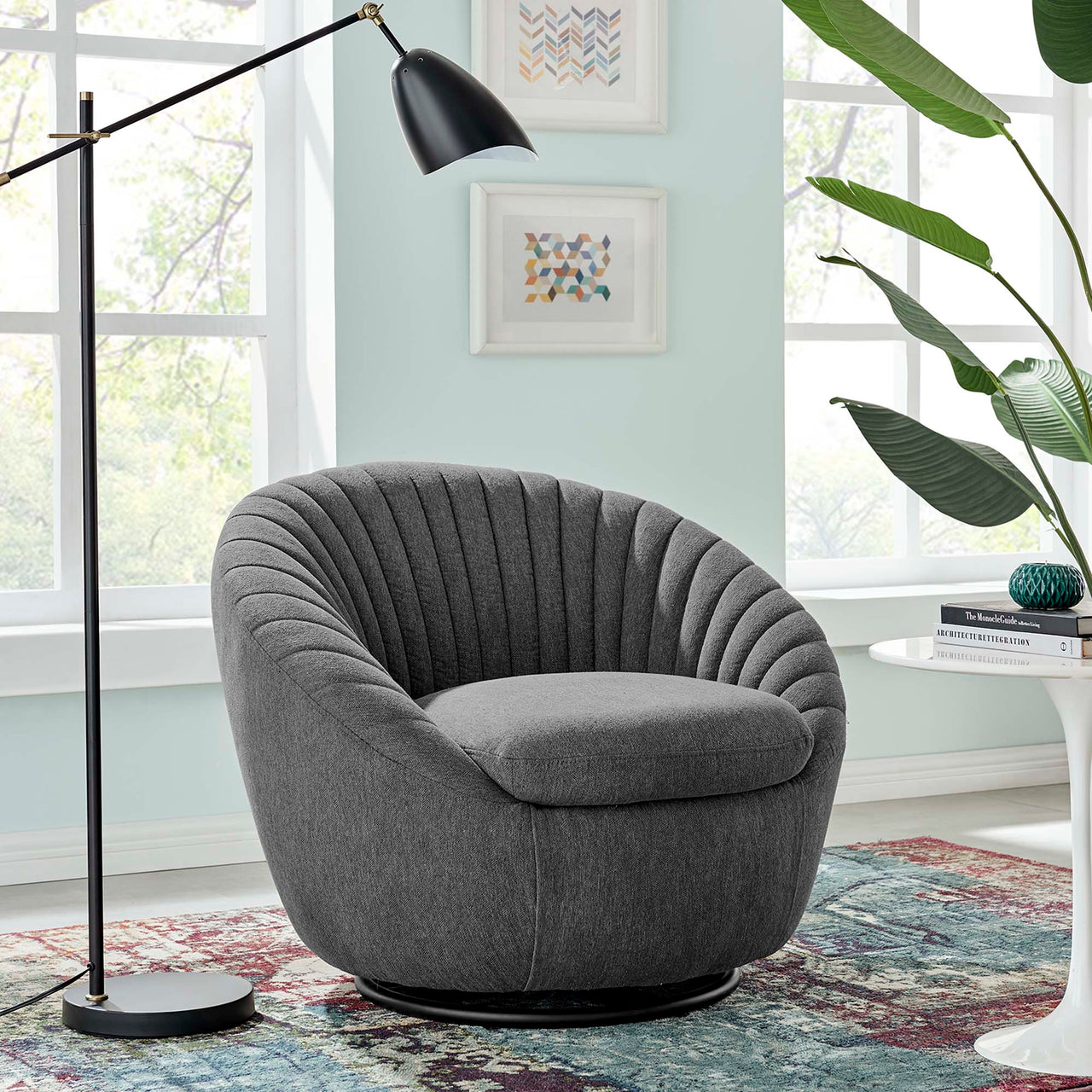 Arielle Fabric Swivel Chair, Black & Charcoal