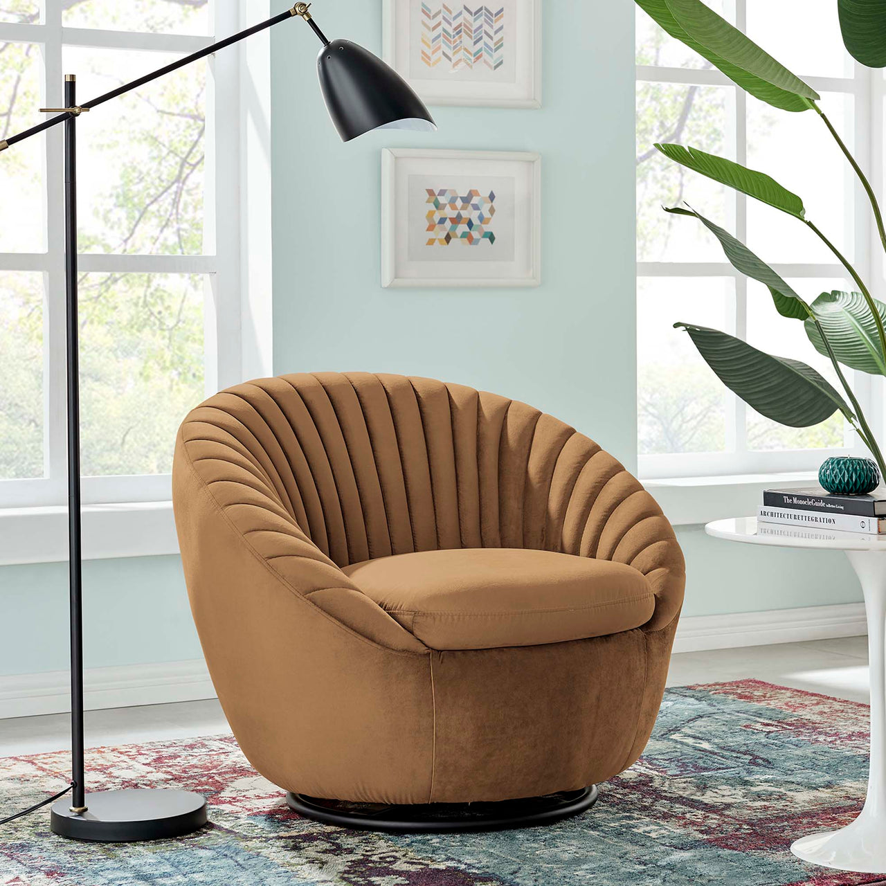 Arielle Velvet Swivel Chair, Black & Cognac