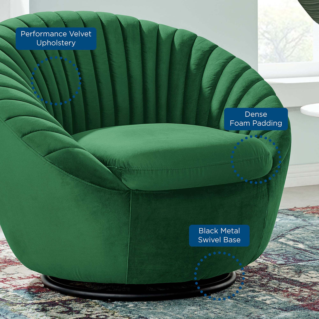 Arielle Velvet Swivel Chair, Black & Emerald