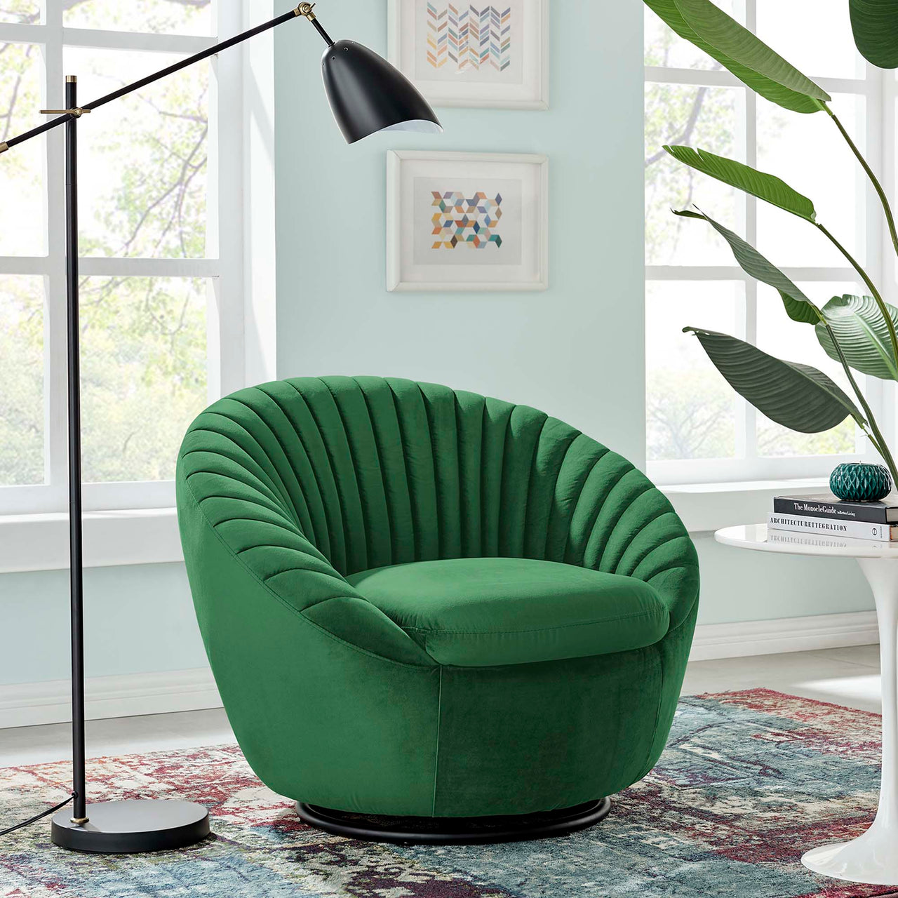 Arielle Velvet Swivel Chair, Black & Emerald