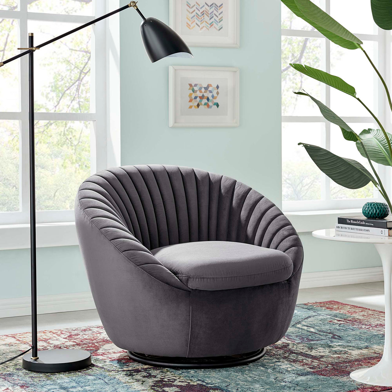 Arielle Velvet Swivel Chair, Black & Gray