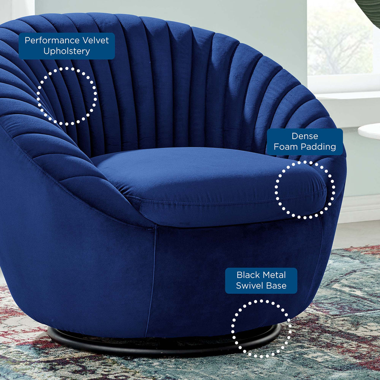 Arielle Velvet Swivel Chair, Black & Navy