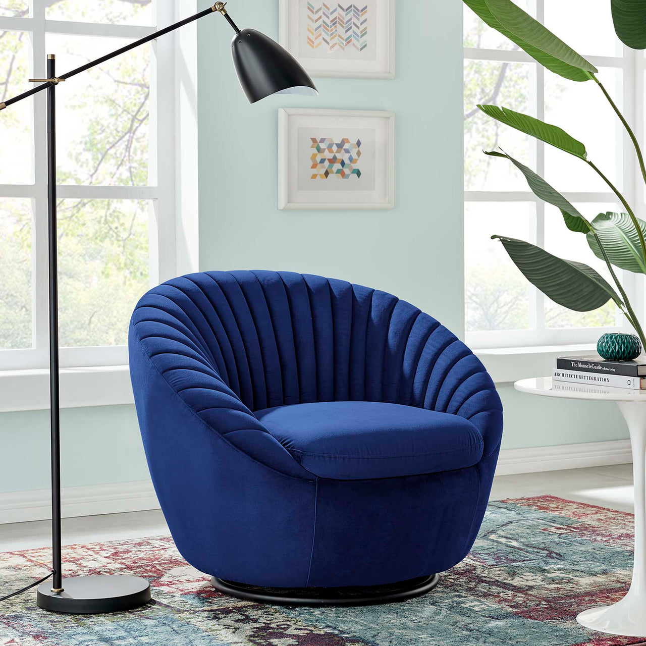 Arielle Velvet Swivel Chair, Black & Navy