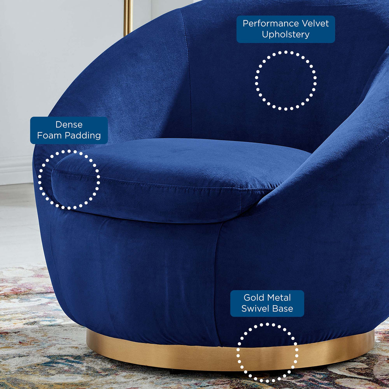 Blume Velvet Swivel Chair, Gold & Navy
