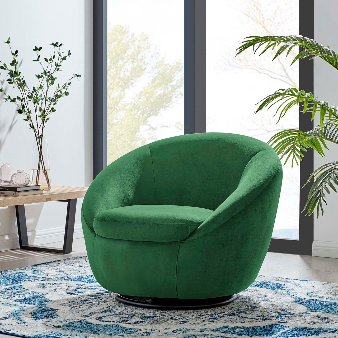 Blume Velvet Swivel Chair, Black & Emerald