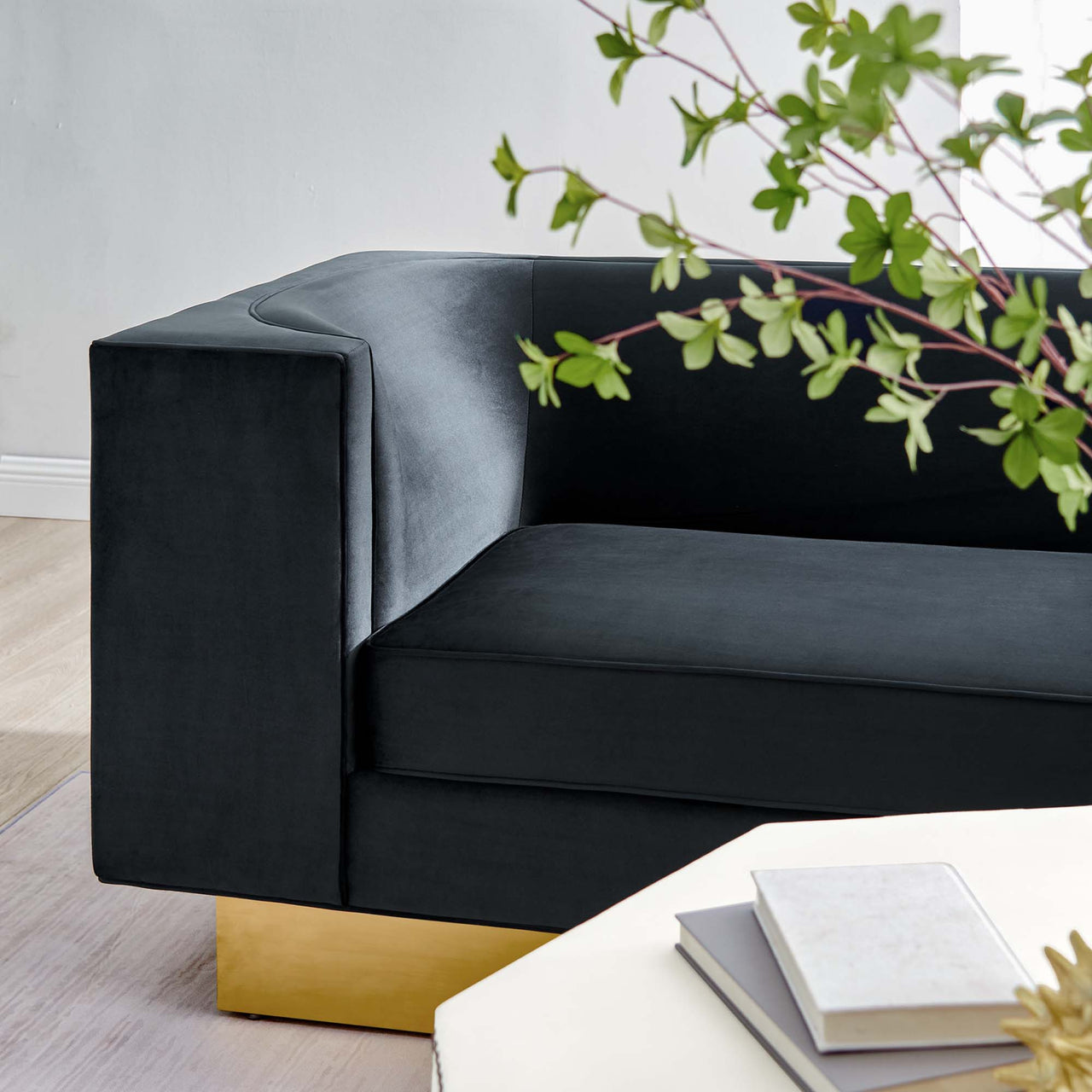 Elarion Upholstered Velvet Sofa, Black