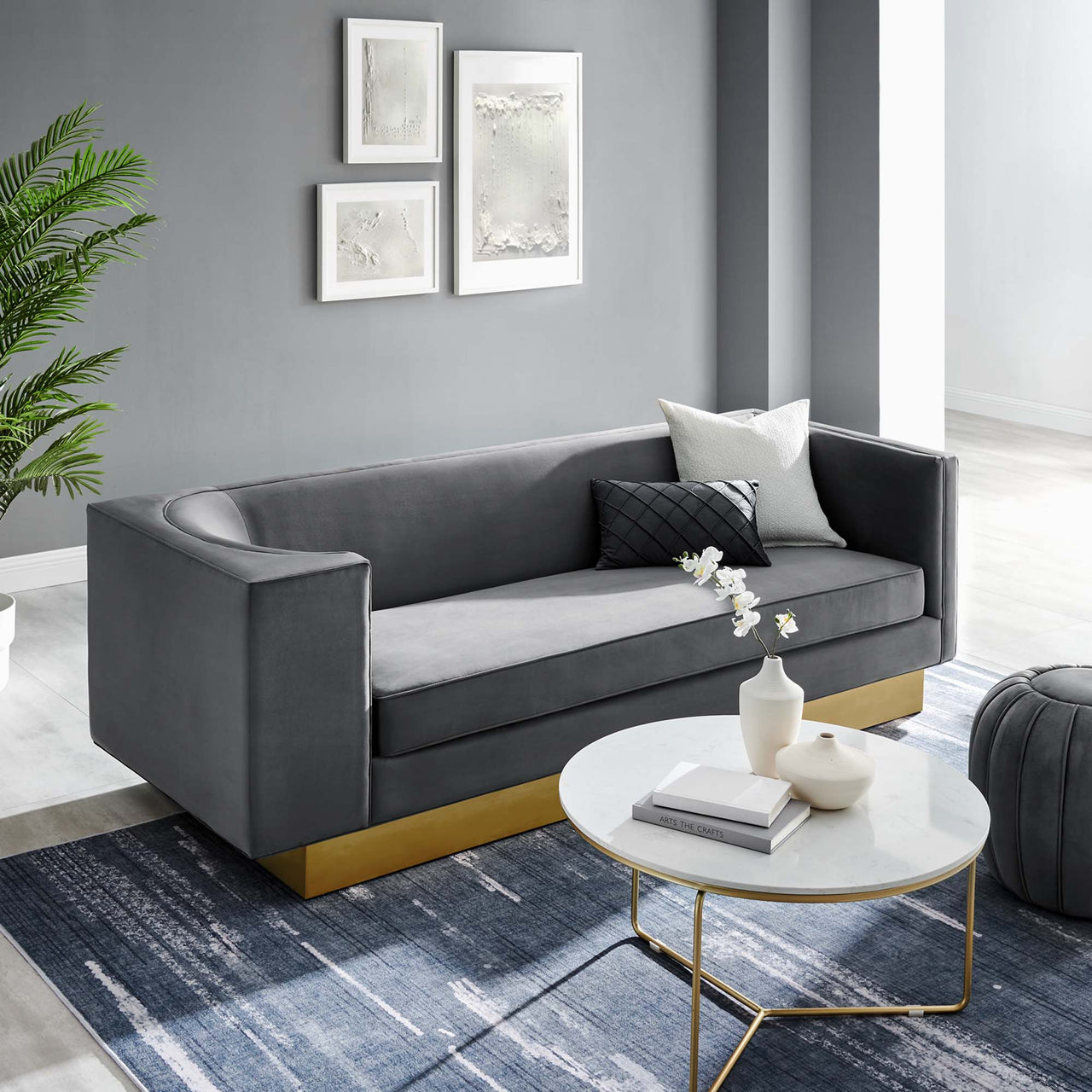 Elarion Upholstered Velvet Sofa, Gray