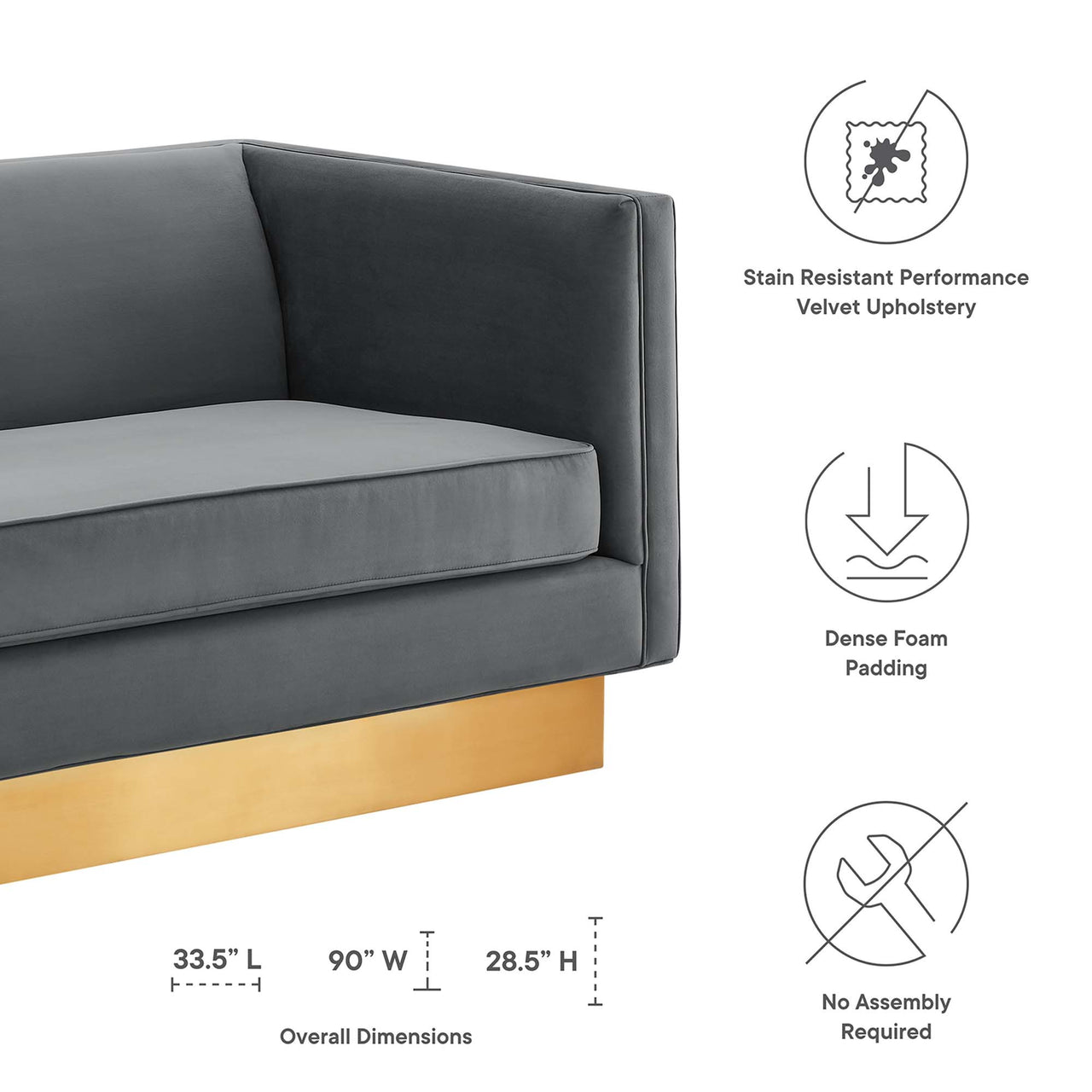 Elarion Upholstered Velvet Sofa, Gray