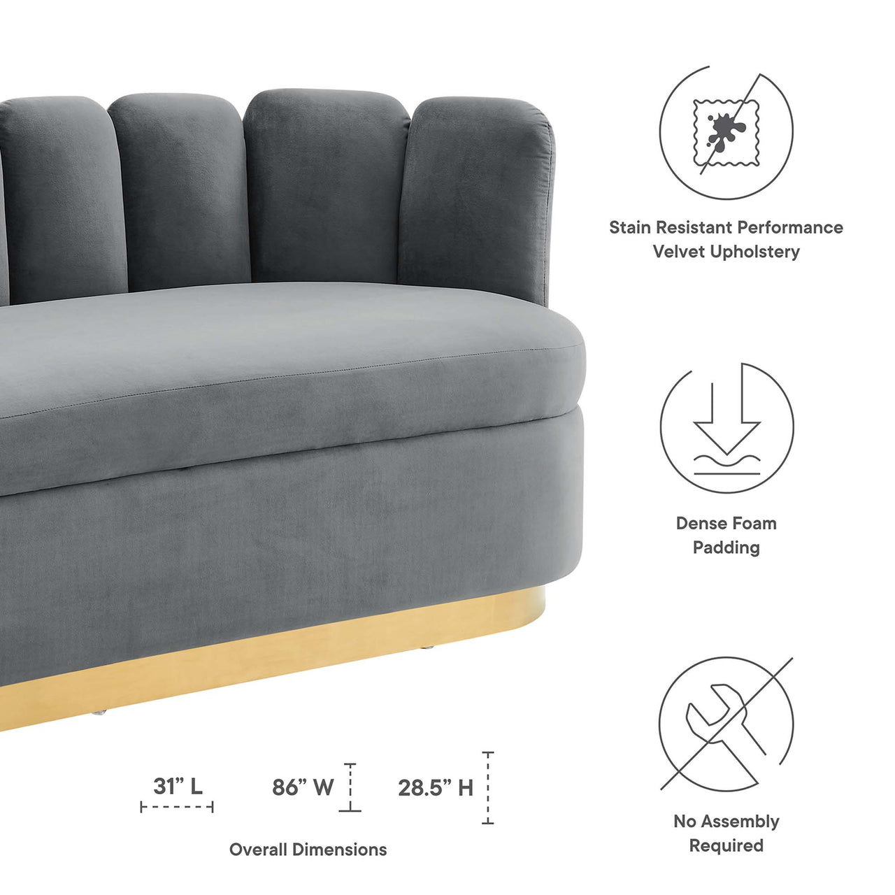 Nerina Upholstered Velvet Sofa, Gray