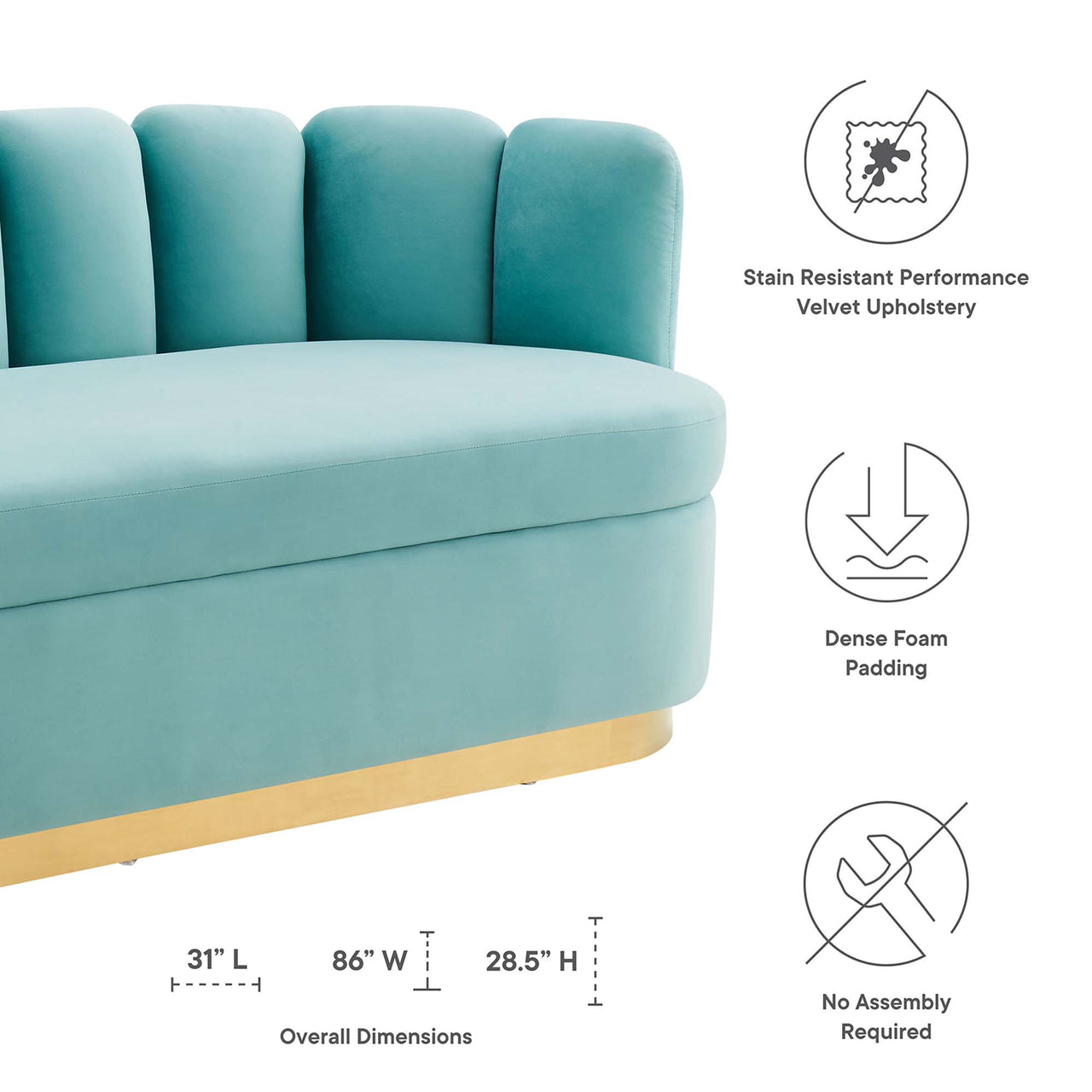 Nerina Upholstered Velvet Sofa, Mint