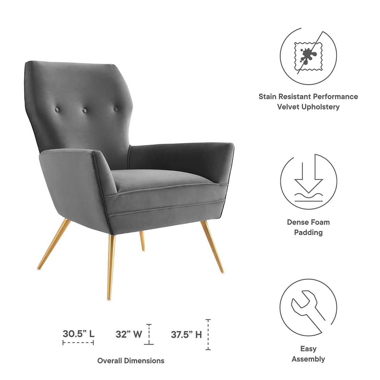 Regina Upholstered Velvet Armchair, Gray