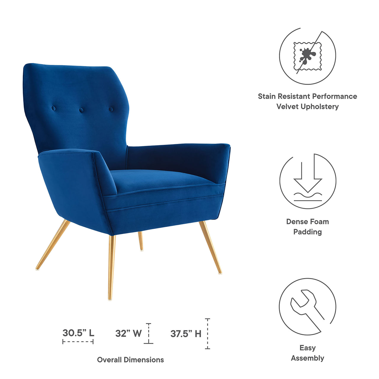 Regina Upholstered Velvet Armchair, Navy