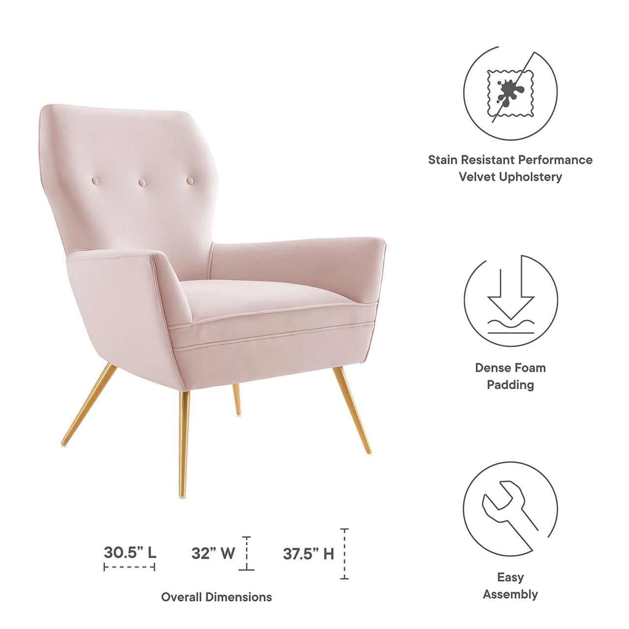 Regina Upholstered Velvet Armchair, Pink