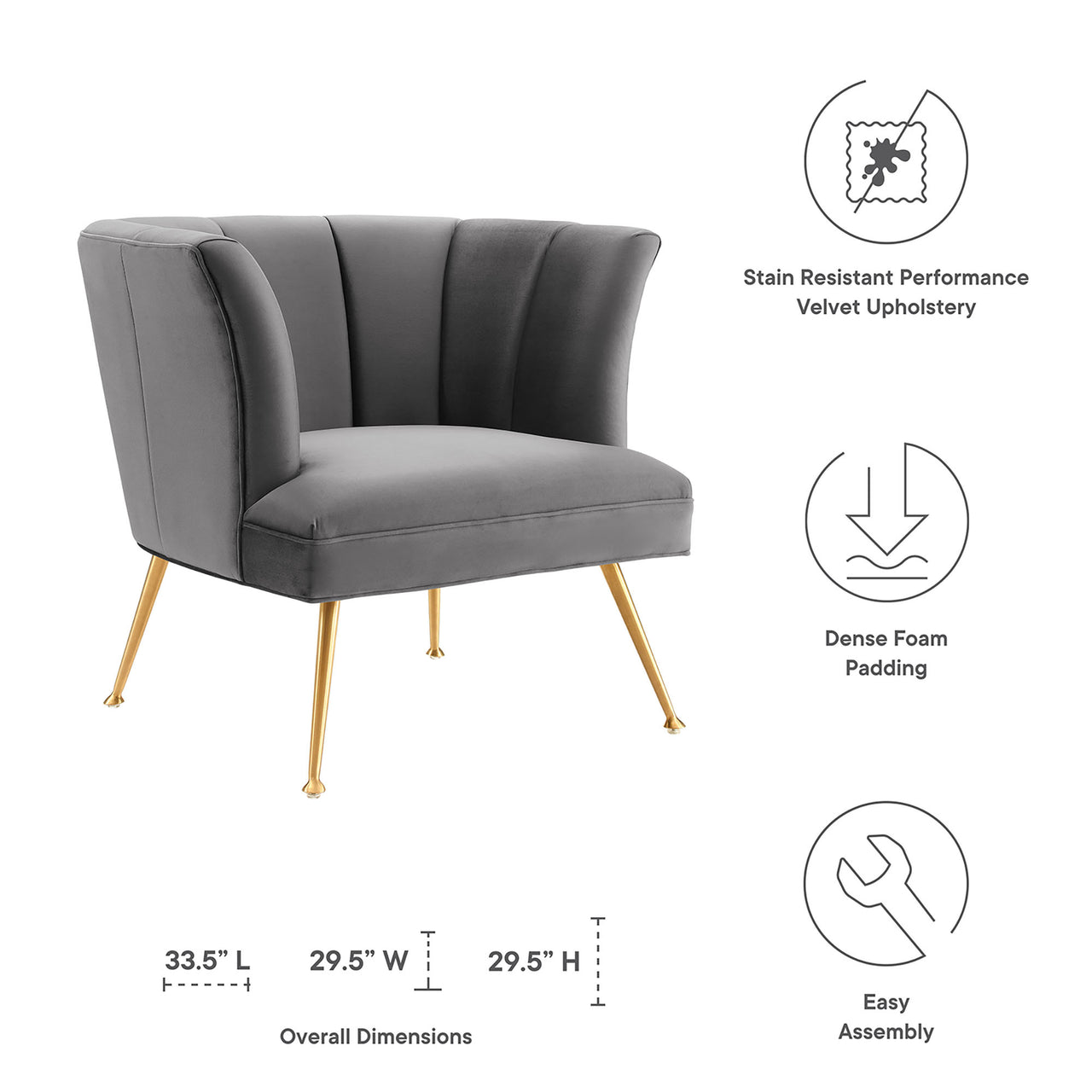 Flamenco Upholstered Velvet Armchair, Gray