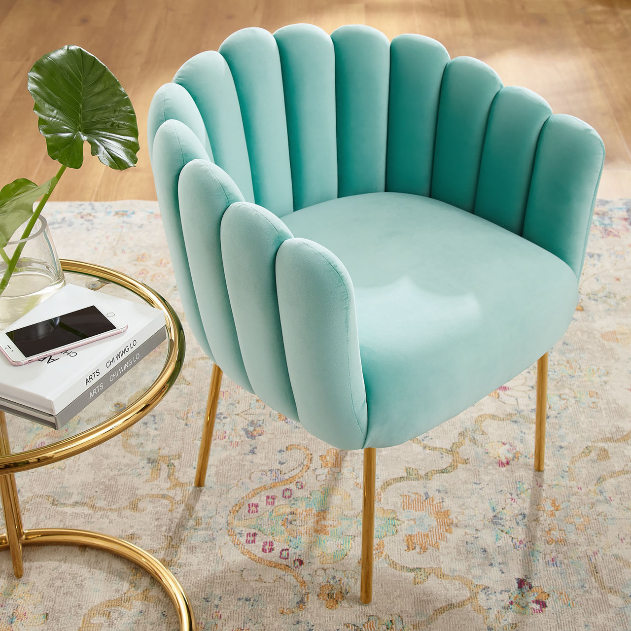Seashell Upholstered Velvet Armchair, Mint