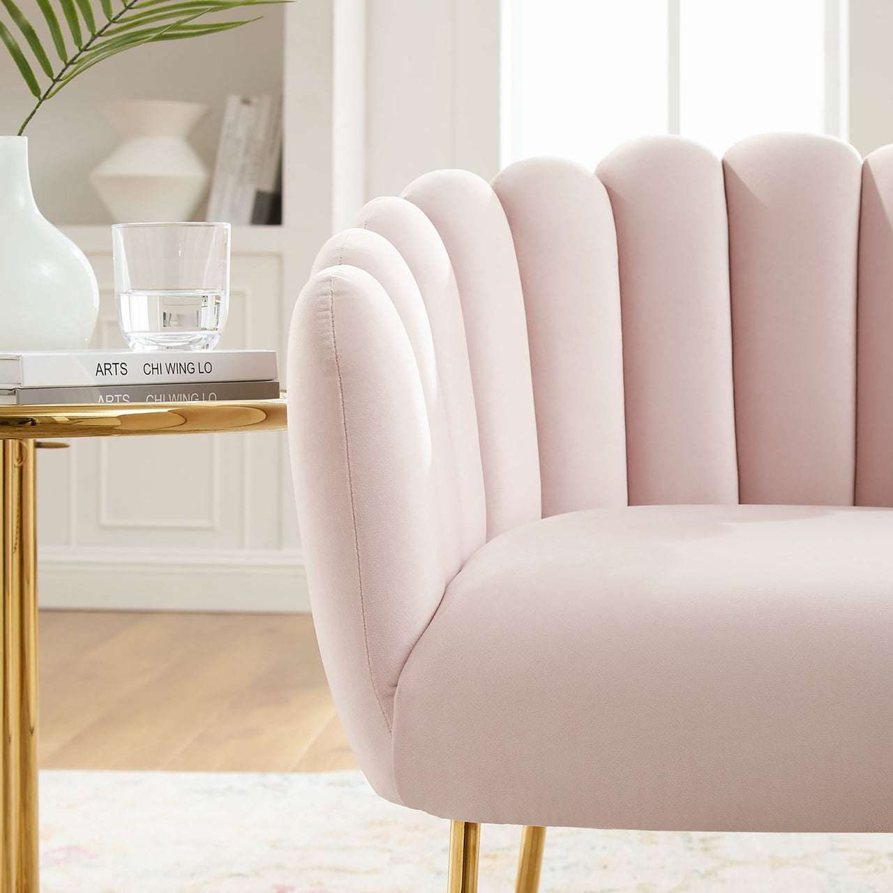 Seashell Upholstered Velvet Armchair, Pink