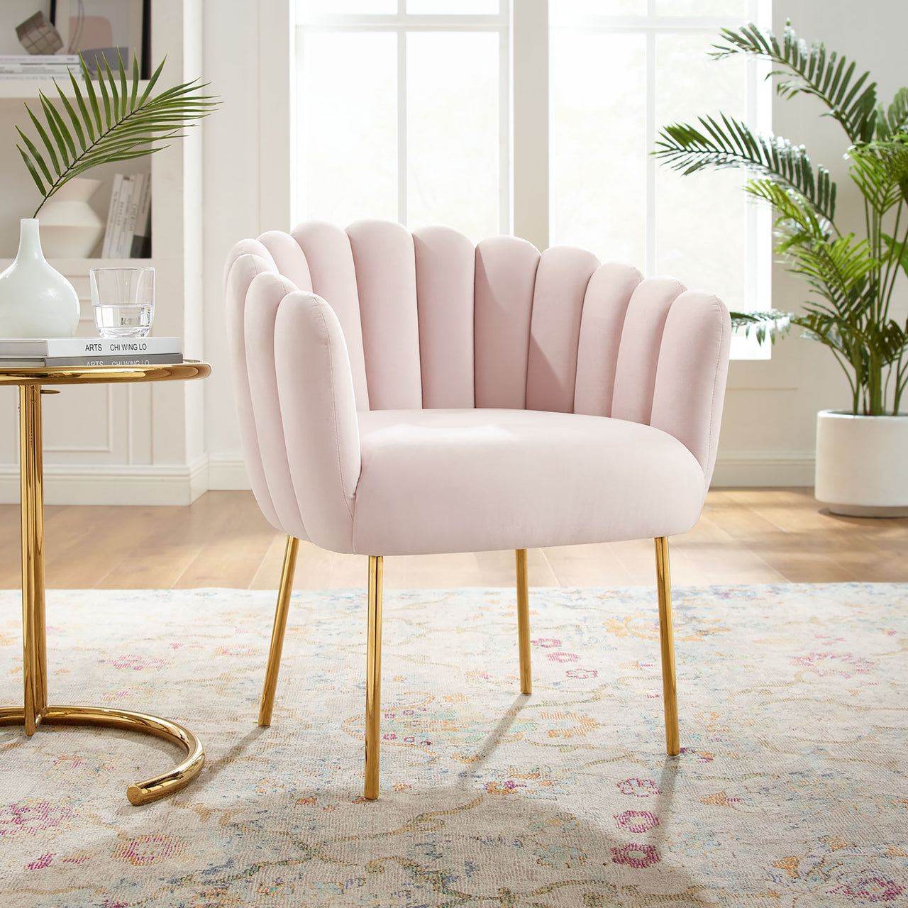Seashell Upholstered Velvet Armchair, Pink