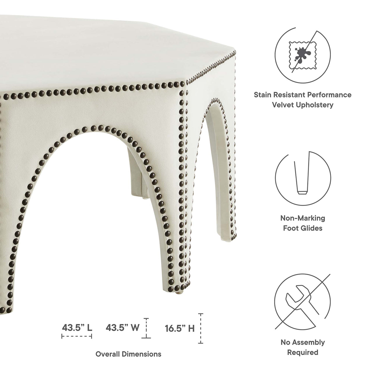 Arcadia Upholstered Velvet Ottoman, Ivory