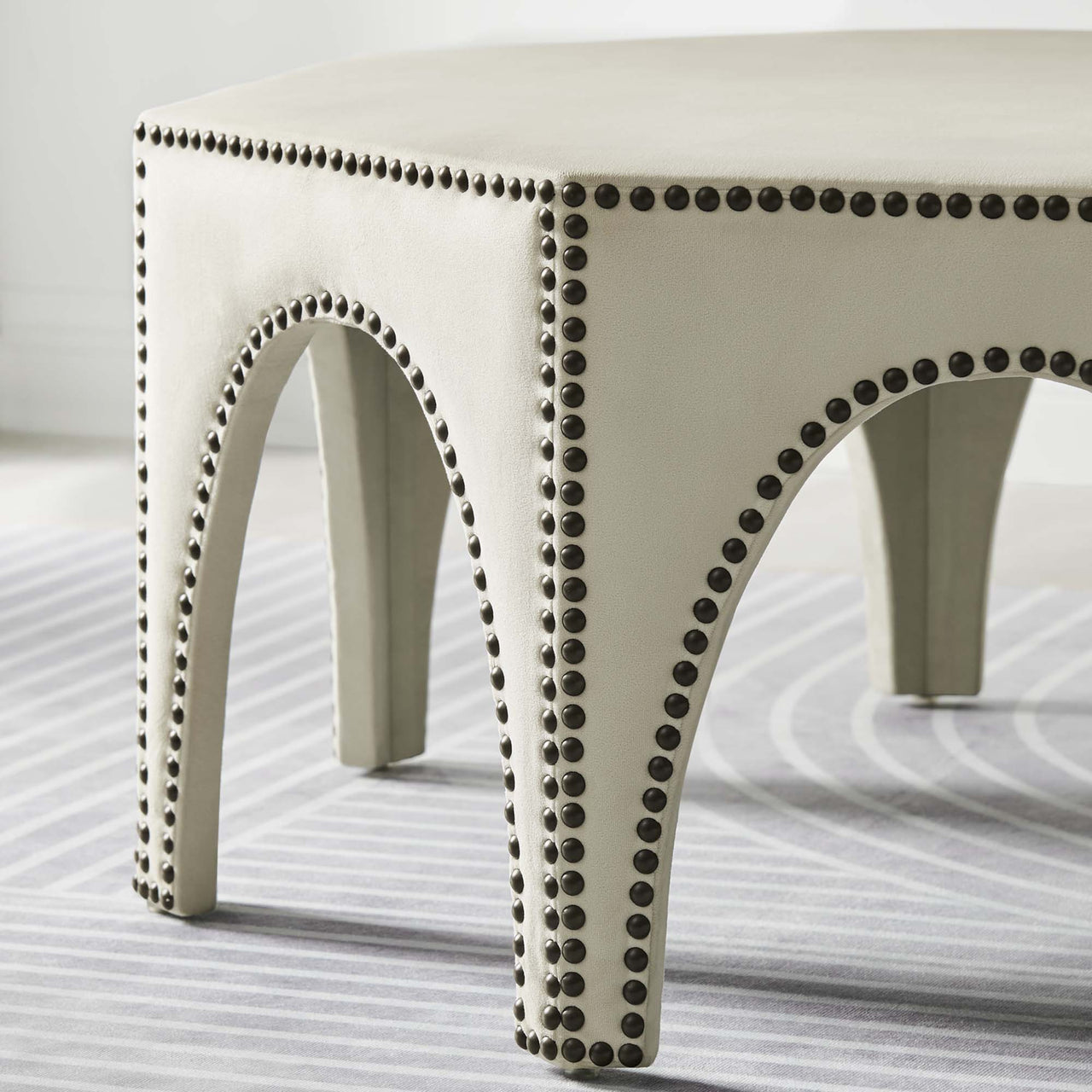 Arcadia Upholstered Velvet Ottoman, Ivory