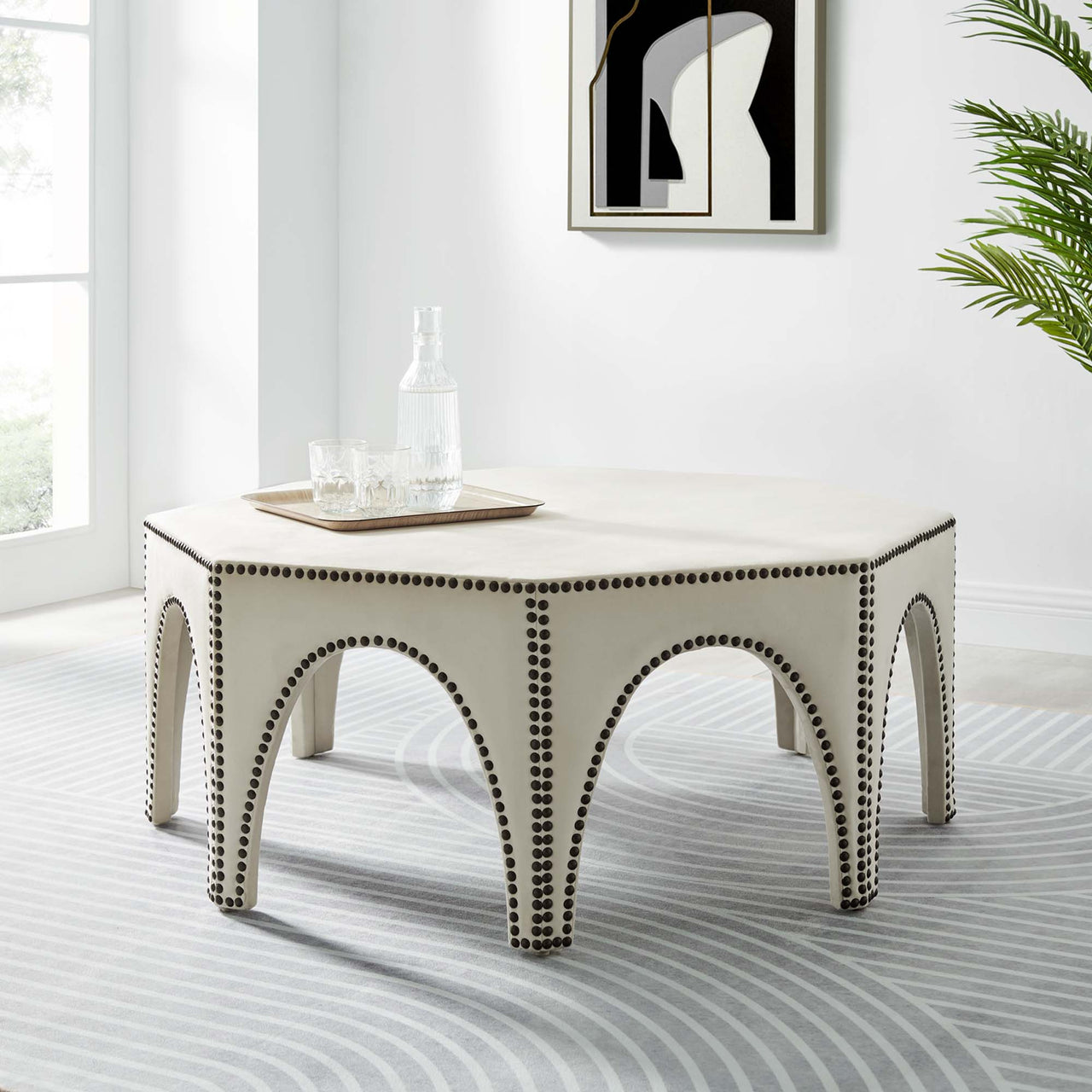 Arcadia Upholstered Velvet Ottoman, Ivory