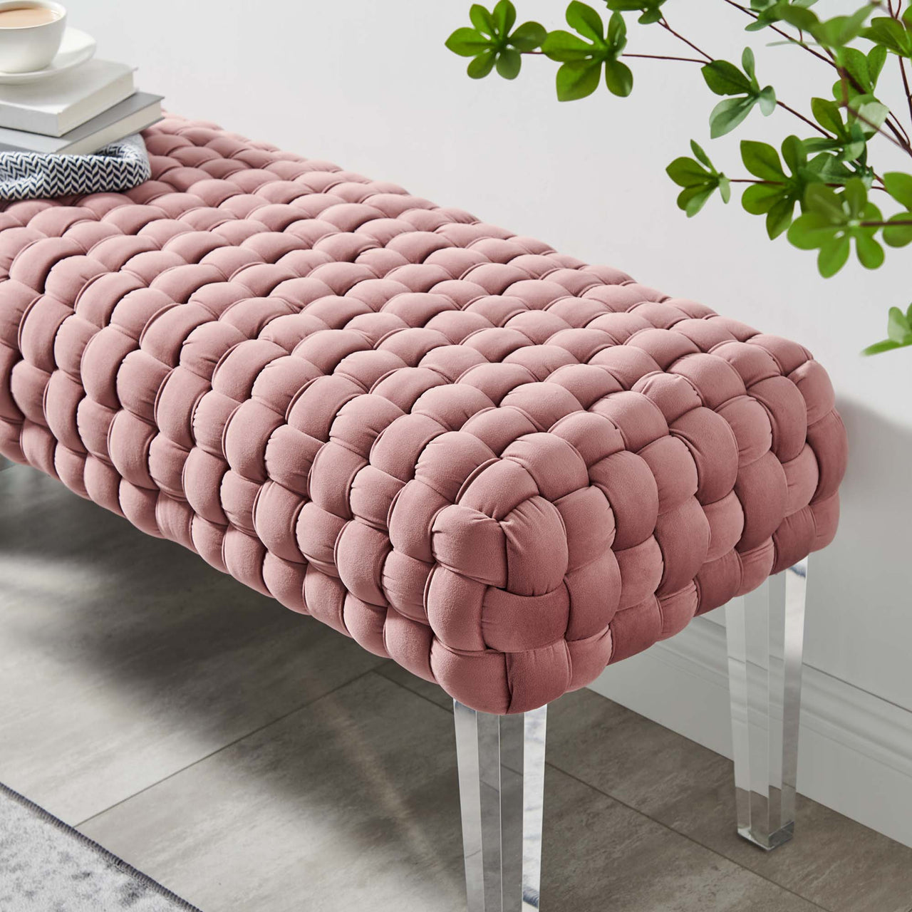 Prologue Woven Performance Velvet Ottoman, Dusty Rose
