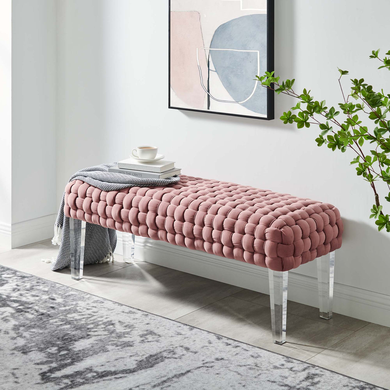 Prologue Woven Performance Velvet Ottoman, Dusty Rose