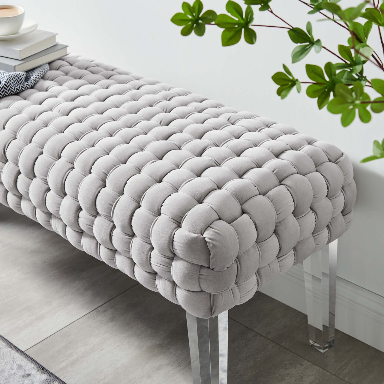 Pome Velvet Ottoman, Light Gray
