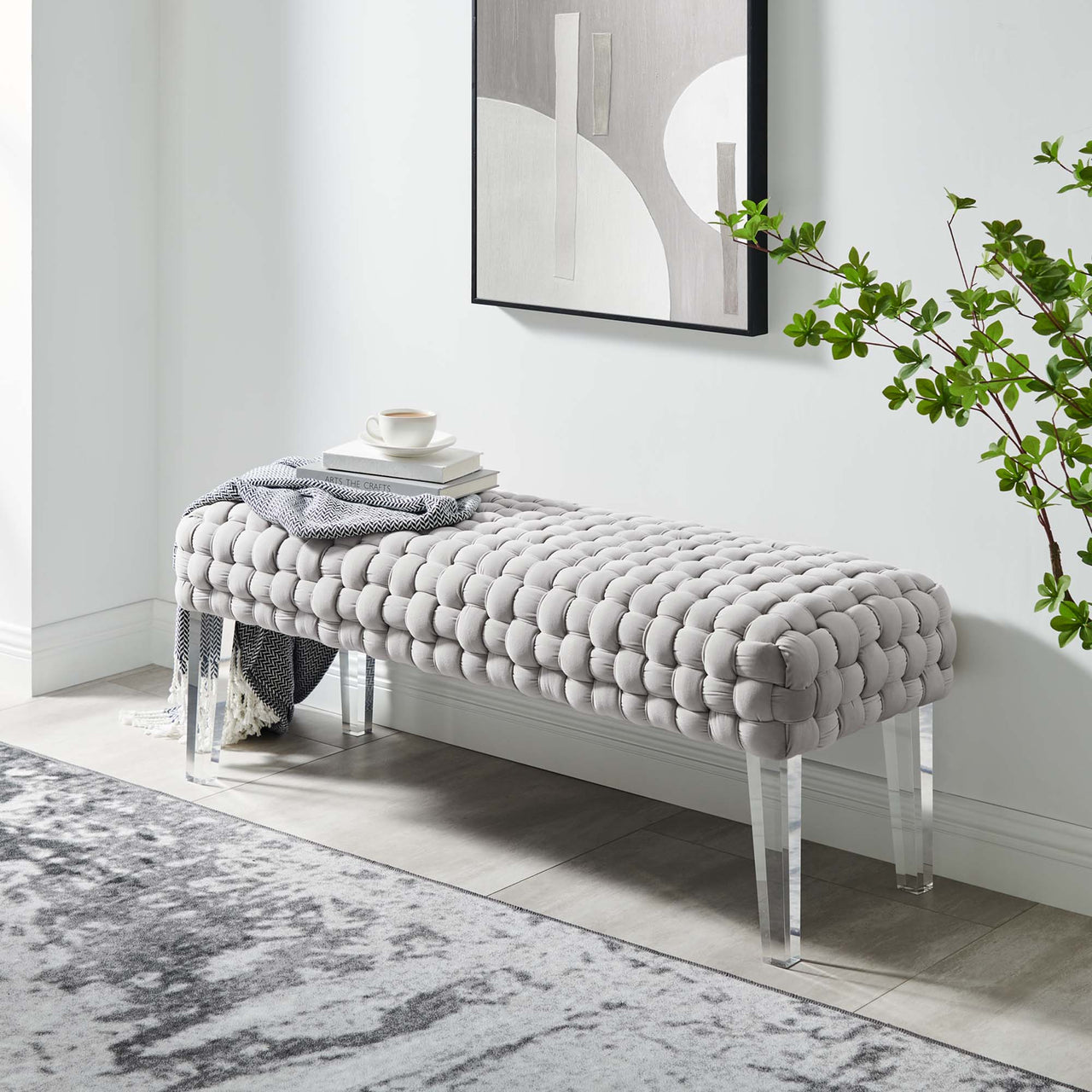 Pome Velvet Ottoman, Light Gray