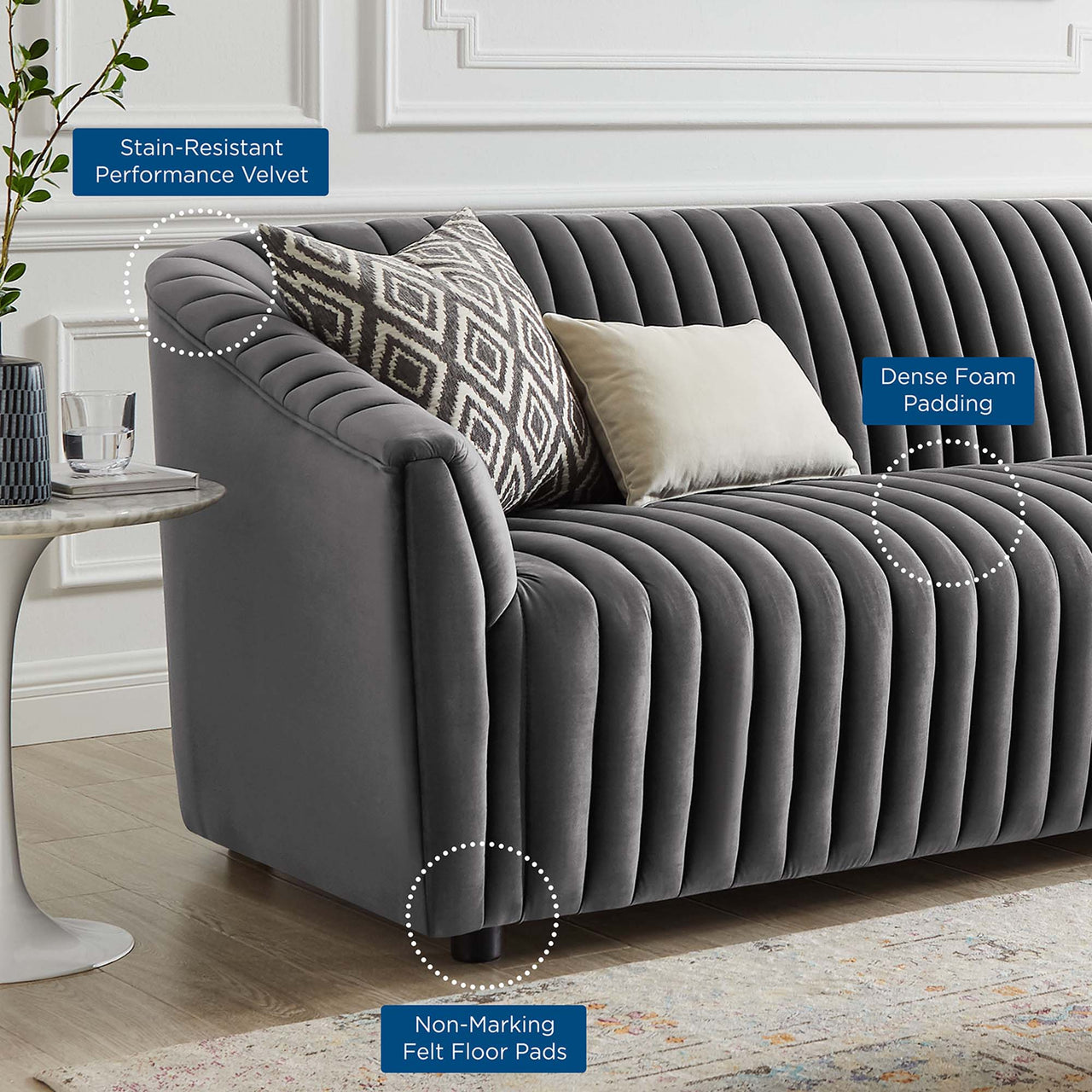 Virelle Velvet Sofa, Charcoal