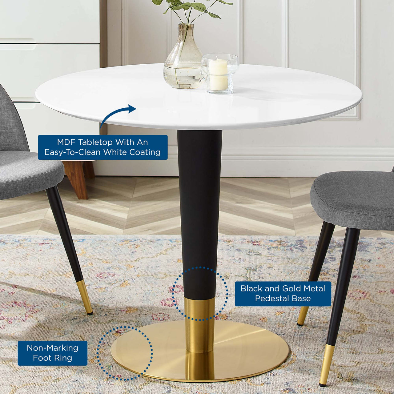 Aurelio Round Dining Table, Small, Gold & White