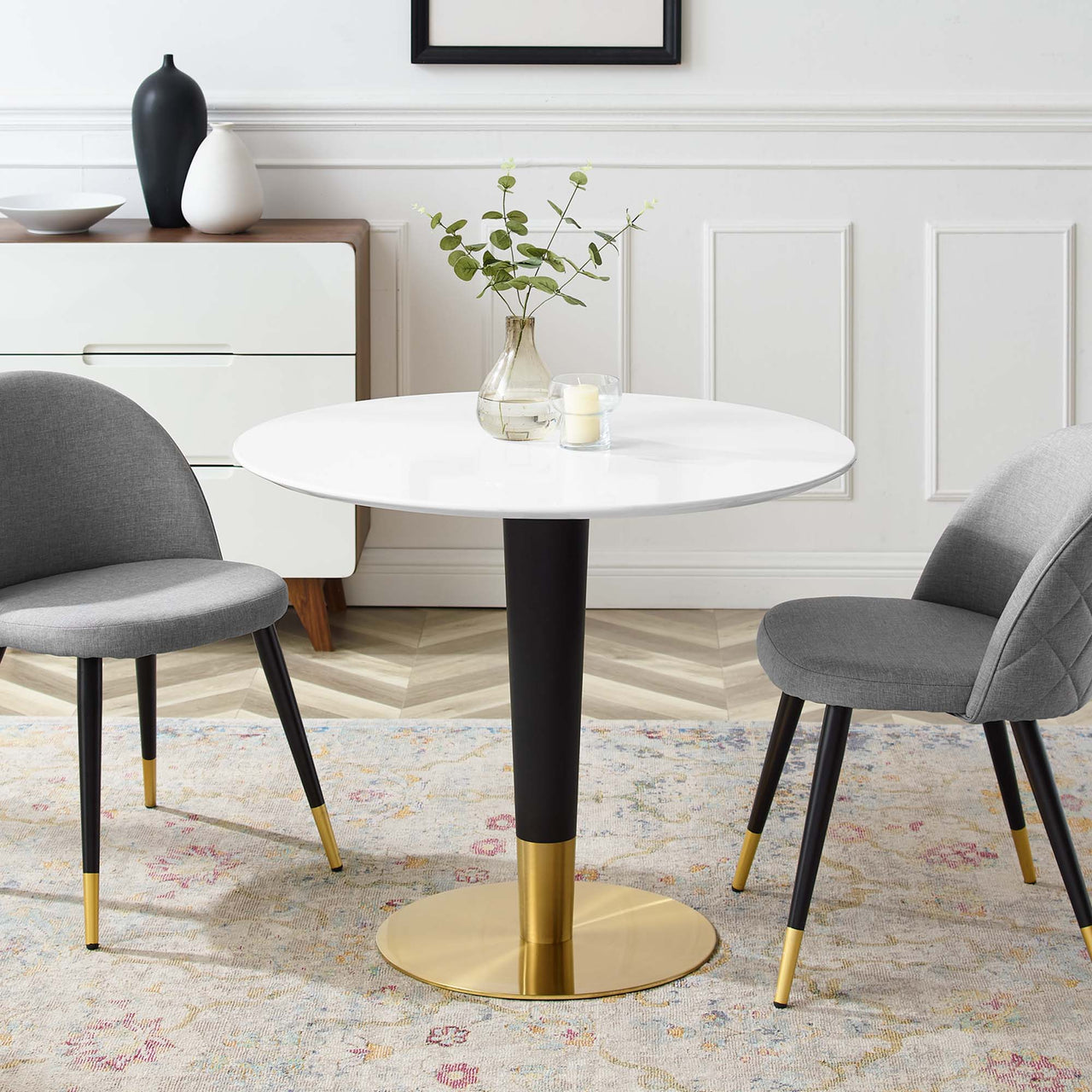 Aurelio Round Dining Table, Small, Gold & White