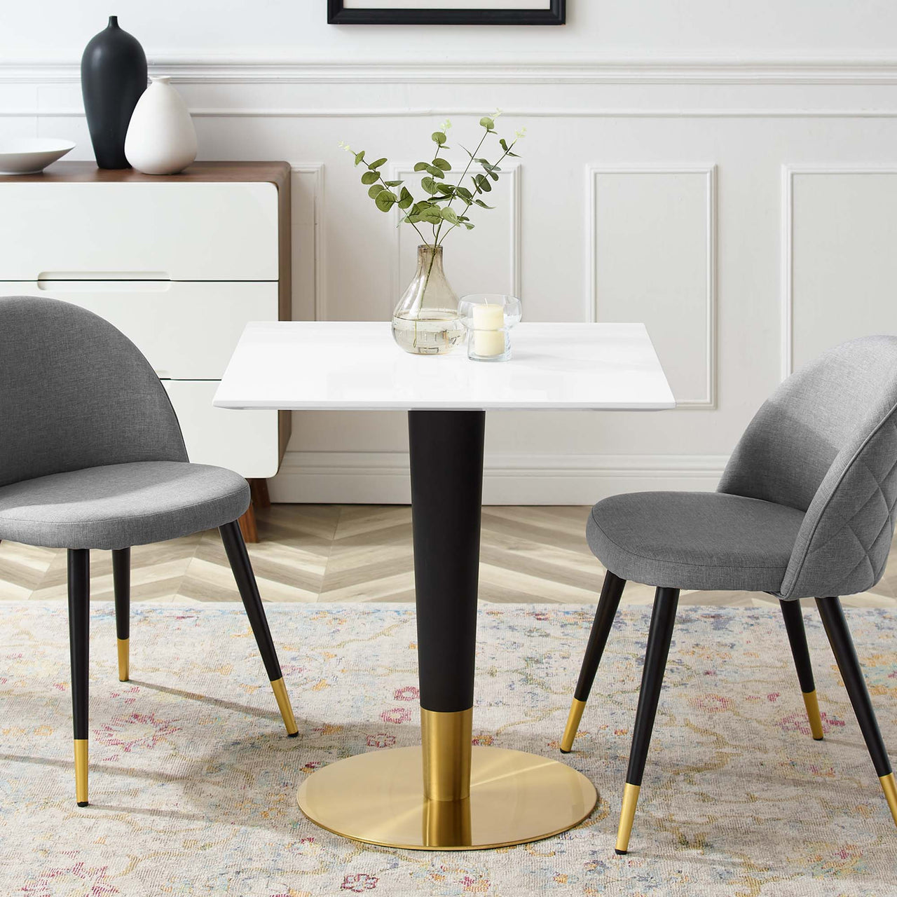 Aurelio Square Dining Table, Small, Gold & White
