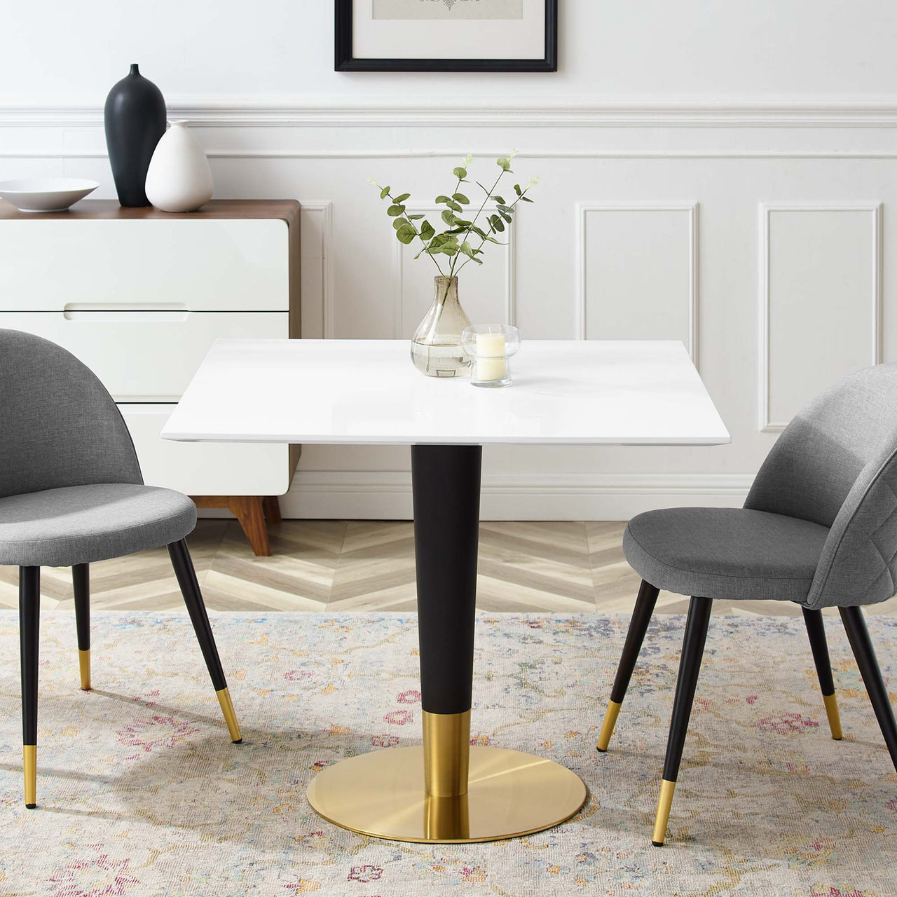 Aurelio Square Dining Table, Medium, Gold & White