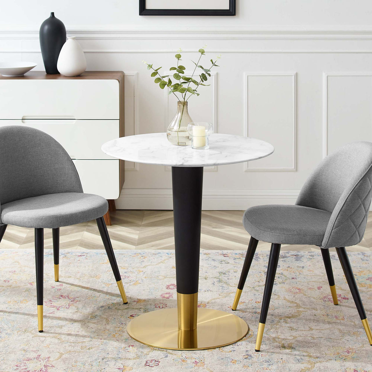 Aurelio Round Faux Marble Dining Table, Extra Small, Gold & White